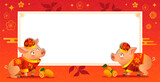 Chinese banner. Two pigs in traditional chinese costumes. Ripe orange tangerines. White empty board. Chinese red background with traditional decorative elements. Vector illustration