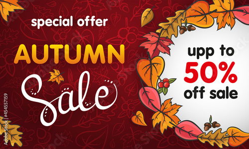 Thanksgiving. Autumn sale. Lettering  promotional text and autumn leaves. Autumn red background with leaves  berries and acorns. Advertising banner.