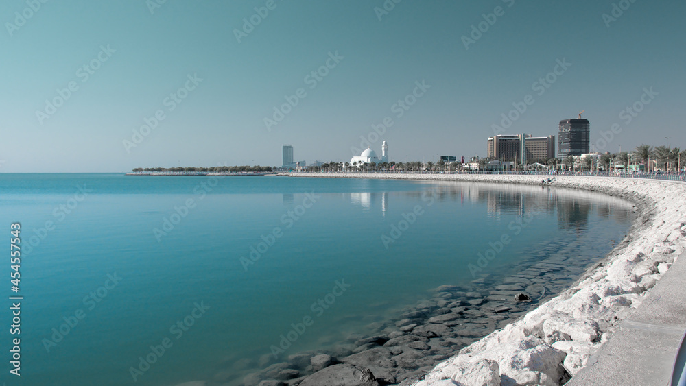 View from the new Khobar corniche. A white mosque on the coast of the Arabian gulf
