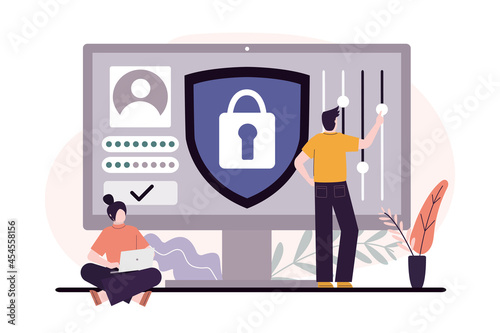 User setting private account for woman. Users use secure login and password. Concept of personal data protection and secure sign-in