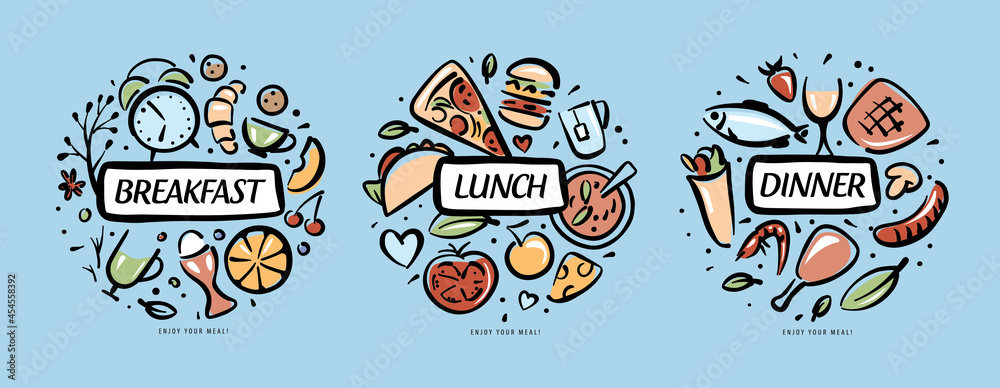Fototapeta premium Drawn sets of products for breakfast, lunch and dinner