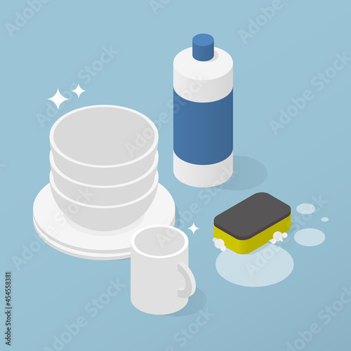 Washing Dishes Crockery Isometric Illustration