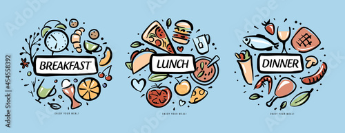 Drawn sets of products for breakfast, lunch and dinner