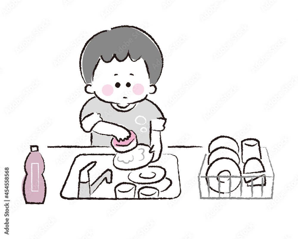 台所で皿洗いのお手伝いをする男児 台所で皿洗いのお手伝いをする男児