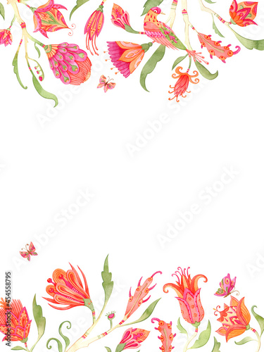 Watercolor floral background. Elegant boho frame with colorful flowers and butterflies. Isolated on white  clear space for your text.