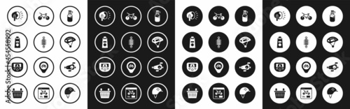 Set Sport bottle with water, Bicycle suspension, Sunscreen cream in tube, head lamp, helmet, pedals and Gps device map icon. Vector