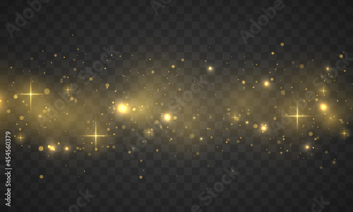Festive purple and golden luminous background. The dust sparks and golden stars shine with special light. Bokeh lights effect isolated on transparent background. Christmas concept. Vector illustration