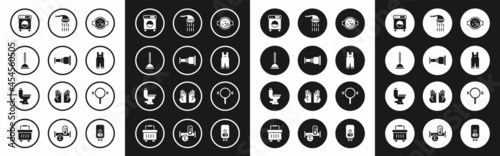 Set Water meter, Pipe adapter, Rubber plunger, Washer, Work overalls, Shower, Filter wrench and Toilet bowl icon. Vector