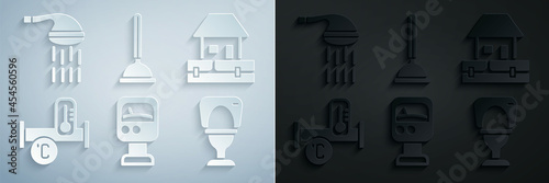 Set Pressure water meter, Water supply pipes, Industry metallic, Toilet bowl, Rubber plunger and Shower icon. Vector