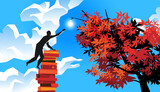 Uomo che scala una torre fatta di libri per raggiungere un'idea in cima all'albero