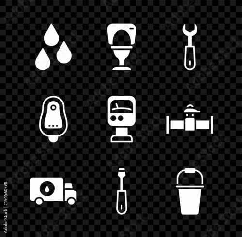Set Water drop, Toilet bowl, Wrench spanner, Plumber service car, Screwdriver, Bucket, urinal or pissoir and Pressure water meter icon. Vector
