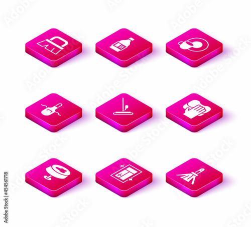 Set Stain on the tablecloth, Cleaning service for window, Kitchen apron, Mop, Handle broom, Washing dishes and Bottle cleaning agent icon. Vector
