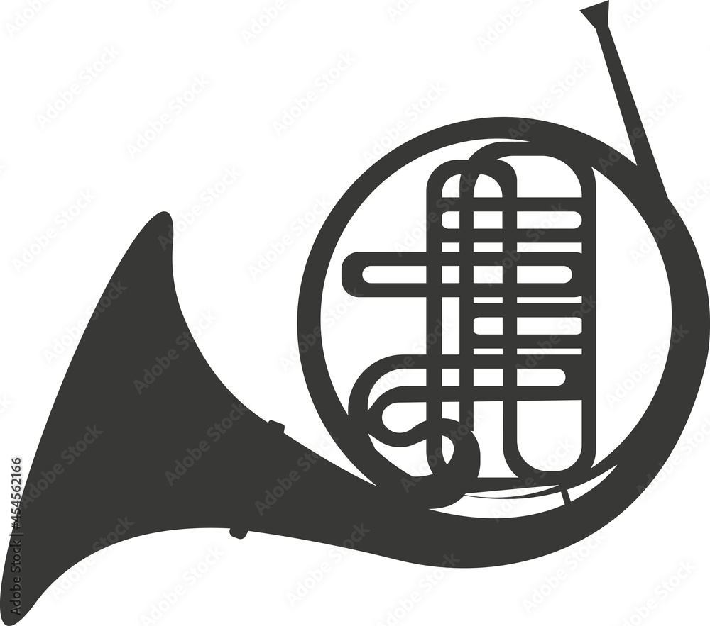 Black flat silhouette of a French horn. A vector image. Stock Vector