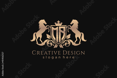 initial MR Retro golden crest with shield and two horses, badge template with scrolls and royal crown - perfect for luxurious branding projects