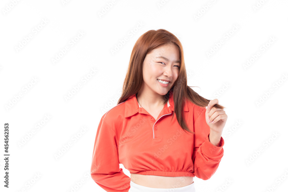 Portrait of beautiful young Asian girl model long hair in casual summer clothes smile, happy and enjoying in studio isolated on white background. Portrait of beautiful young Asian girl model long hair in casual summer clothes smile, happy and enjoying in studio isolated on white background.