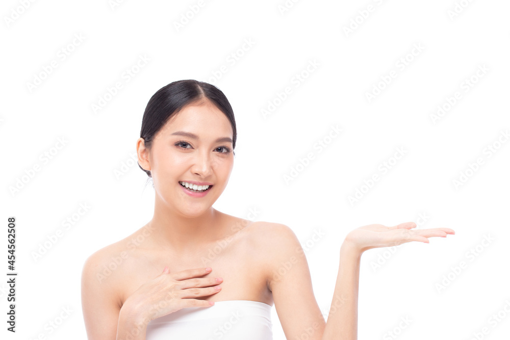 Beautiful spa Asian model girl with make up and beauty healthy skin color lips red and hair portrait. Beauty woman perfect face fresh showing empty copy space on the open hand palm for product. Beautiful spa Asian model girl with make up and beauty healthy skin color lips red and hair portrait. Beauty woman perfect face fresh showing empty copy space on the open hand palm for product.