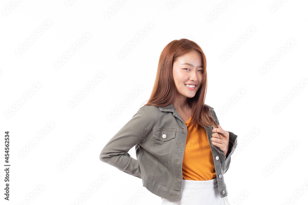 Portrait of beautiful young Asian girl model long hair in casual summer clothes smile, happy and enjoying in studio isolated on white background. Portrait of beautiful young Asian girl model long hair in casual summer clothes smile, happy and enjoying in studio isolated on white background.