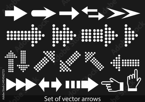 Arrows set. Vector illustration. Set different arrows or web design. Arrow flat style isolated on black background.