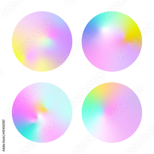 Set of holographic circles with gradient mesh. 90s, 80s retro style. Holographic poster. Abstract backgrounds. Iridescent graphic template for brochure, banner, wallpaper, mobile screen.