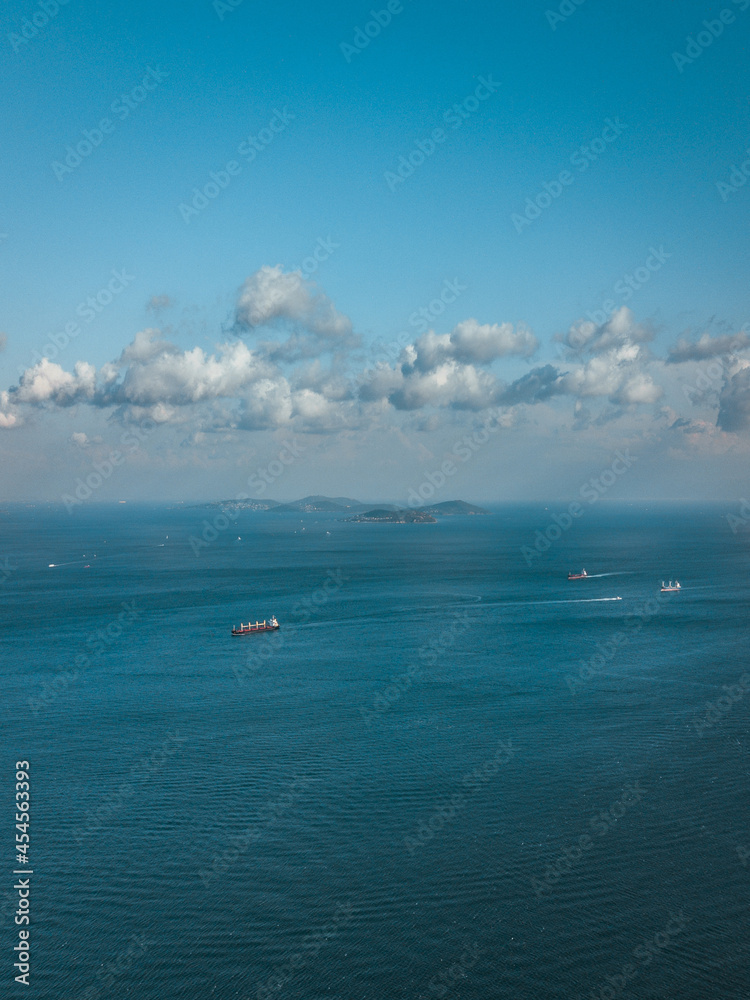 Aerial view of cargo ships sail by sea to the port of Istanbul