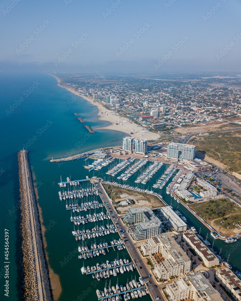 Aerial view of yachts in marina of Herzliya, Israel