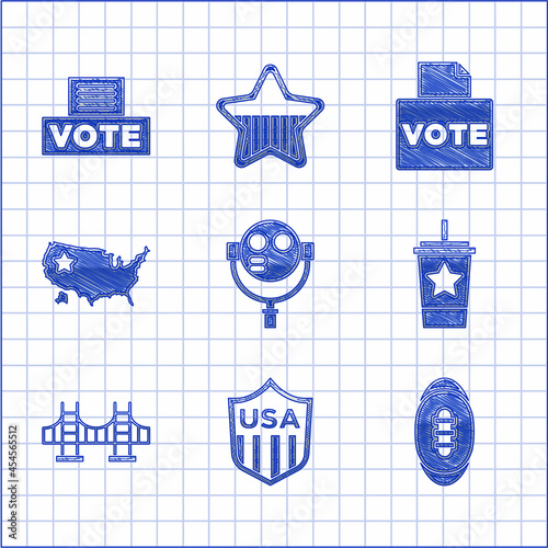 Set Tourist binoculars, Shield with stars, American Football ball, Paper glass straw, Golden gate bridge, USA map, Vote box and icon. Vector