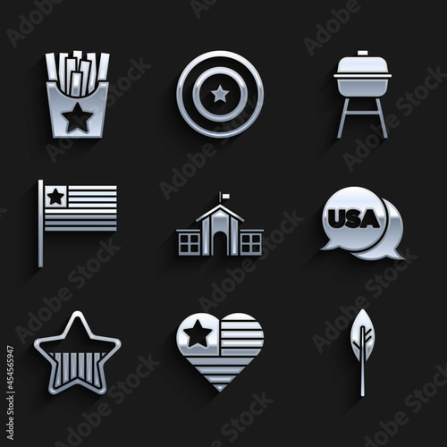 Set United States Capitol Congress, USA Independence day, Indian feather, American flag, Barbecue grill and Potatoes french fries in box icon. Vector