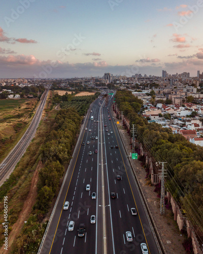Aerial view of highway road in the evening