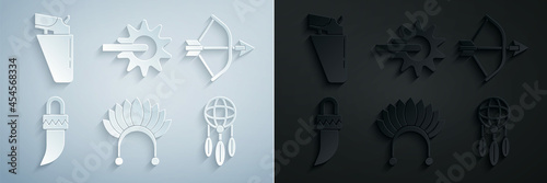 Set Indian headdress with feathers, Bow and arrow in quiver, Tooth, Dream catcher, Spur and Revolver gun holster icon. Vector