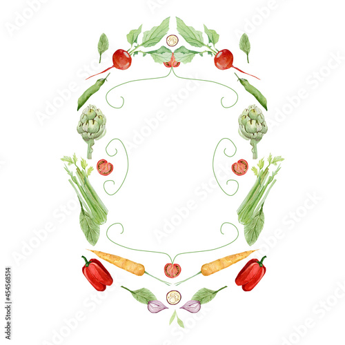 Watercolor vegetables frame border with bell pepper, onion, radish, carrot, tomato. Hand painted vegetarian banner for eco food menu, greeting cards, recipe. Farmers market. Veggie design.