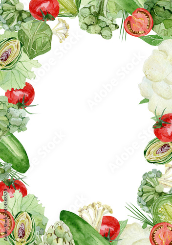Watercolor vegetables frame border with cabbage, cucumber, tomato. Hand painted vegetarian banner for eco food menu, greeting cards flyer, recipe. Farmers market. Veggie design.