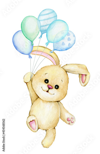 cute bunny, flying, on blue balloons, watercolor clipart, on an isolated background, in a cartoon style.