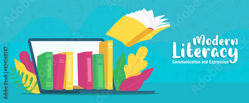 Literacy concept computer book library banner