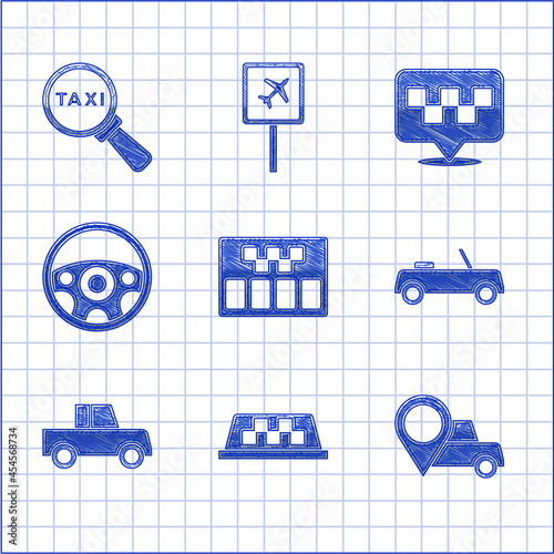 Set Taximeter, car roof, Location with taxi, Car, Steering wheel, and Magnifying glass and icon. Vector