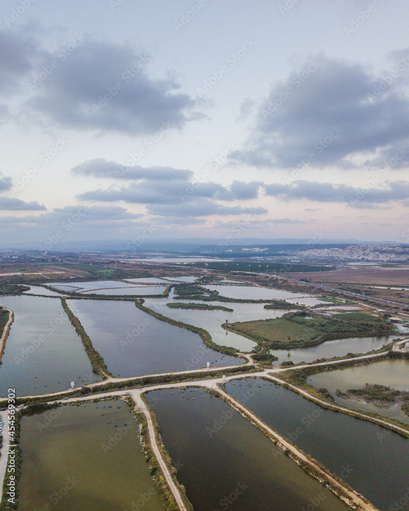 Aerial view of fishing farm in Israel near Mediterranean Sea Aerial view of fishing farm in Israel near Mediterranean Sea