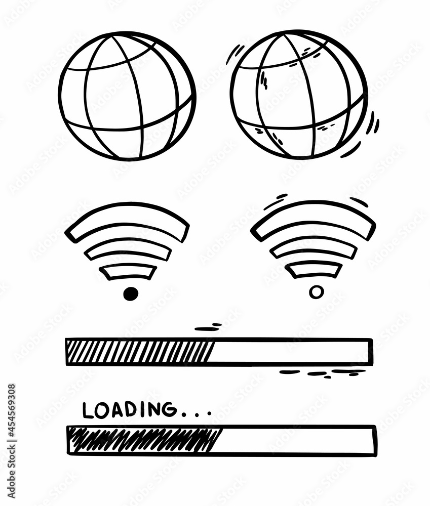 Web global wifi connection doodle sketch illustration. Processing download files. Doodle cartoon black and white monochrome art.