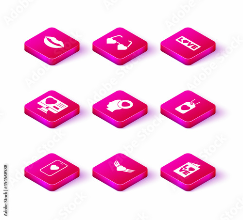Set Online dating app and chat, Heart with wings, Dating online, Head heart, Valentines day party flyer, tag, Love text and shaped love glasses icon. Vector