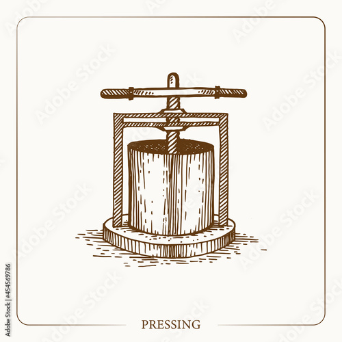 Pressing apples to make cider, hydraulic press Vintage sketch garden background. Hand drawn design. Vector illustration. 
