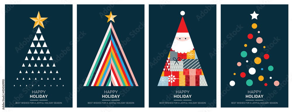 Merry Christmas modern card set elements greeting text lettering blue background vector - obrazy, fototapety, plakaty 