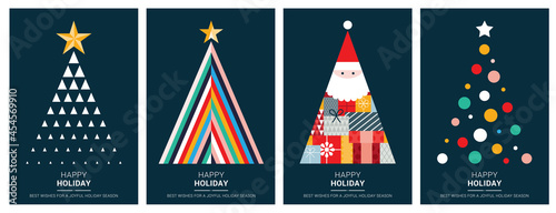 Merry Christmas modern card set elements greeting text lettering blue background vector