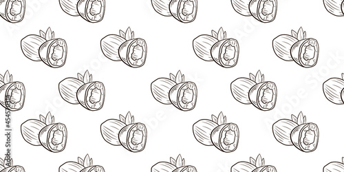 Vector seamless pattern with coconuts, hand drawn coconut, background template, black and white outline coconuts with leaves.