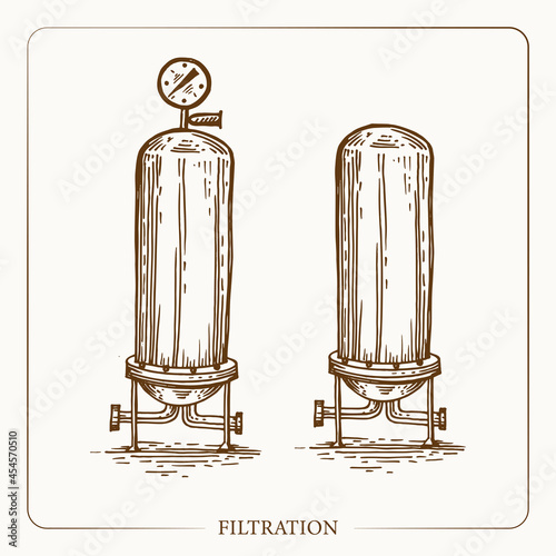 Metal container for Filtration infuse apples pressure and temperature sensor. Vintage sketch garden background. Hand drawn design. Vector illustration. 