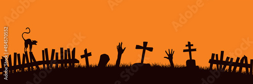 Halloween background silhouettes. Zombie hands stick out of the ground in the cemetery.