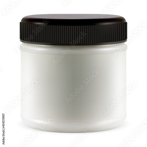 White cream jar. Cosmetic cream plastic container blank. Makeup powder package blank. Body butter glossy plastic packaging, bath product can, hand creme canister sample