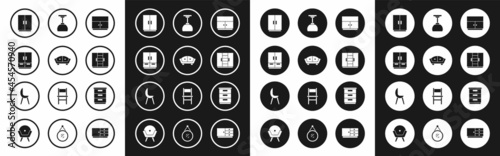 Set Wardrobe, Sofa, Lamp hanging, Furniture nightstand and Armchair icon. Vector