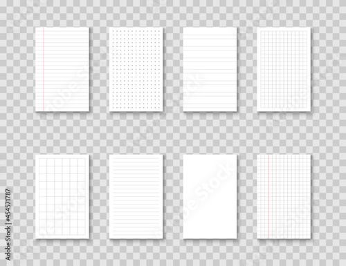 Notebook paper sheets. Paper sheet in line, square and dots design. Vector illustration