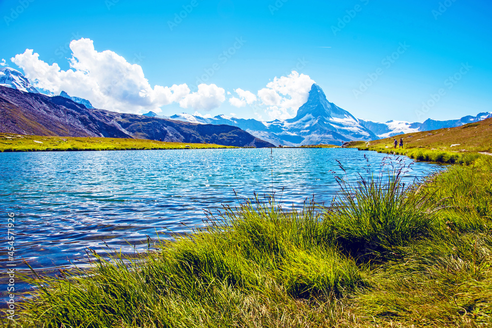 Fantastic landscape with the Matterhorn in the Swiss Alps and Lake Stellisee, near Zermatt, Switzerland.