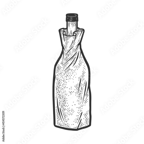 Alcohol bottle in paper bag sketch engraving vector illustration. T-shirt apparel print design. Scratch board imitation. Black and white hand drawn image.