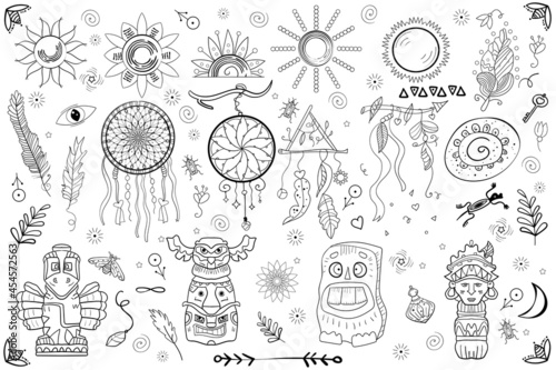 Tribal Art Boho Doodles, Idols and Sun and Dream Catcher Symbols of Mysticism and Deities Big Set Coloring Page or Book Vector