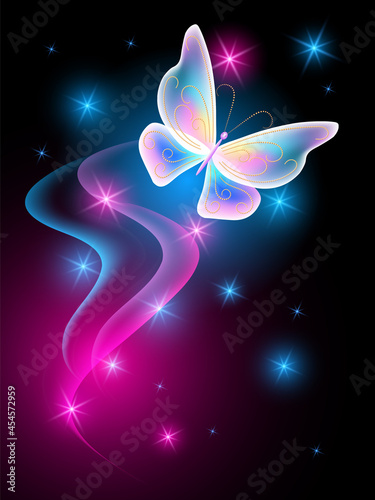 Flying delightful butterfly with sparkle and blazing trail flying in night sky among shiny glowing stars in cosmic space. Animal protection day concept.